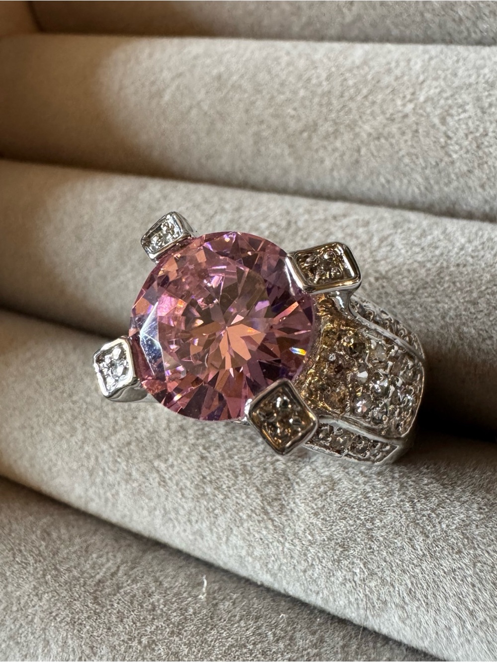 Large Pink Crystal CZ Statement Cocktail Ring Silver Tone Size 8
